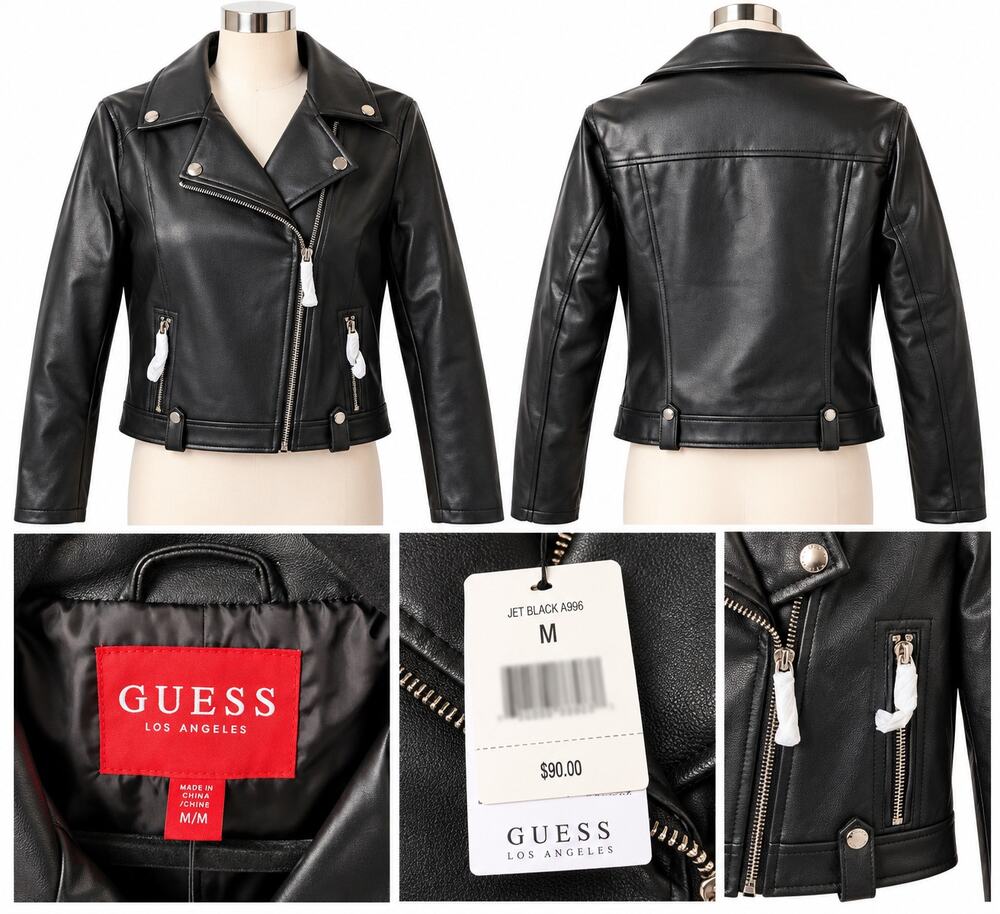 GUESS Los Angeles Jet Black Faux Leather Moto Jacket – Size M
